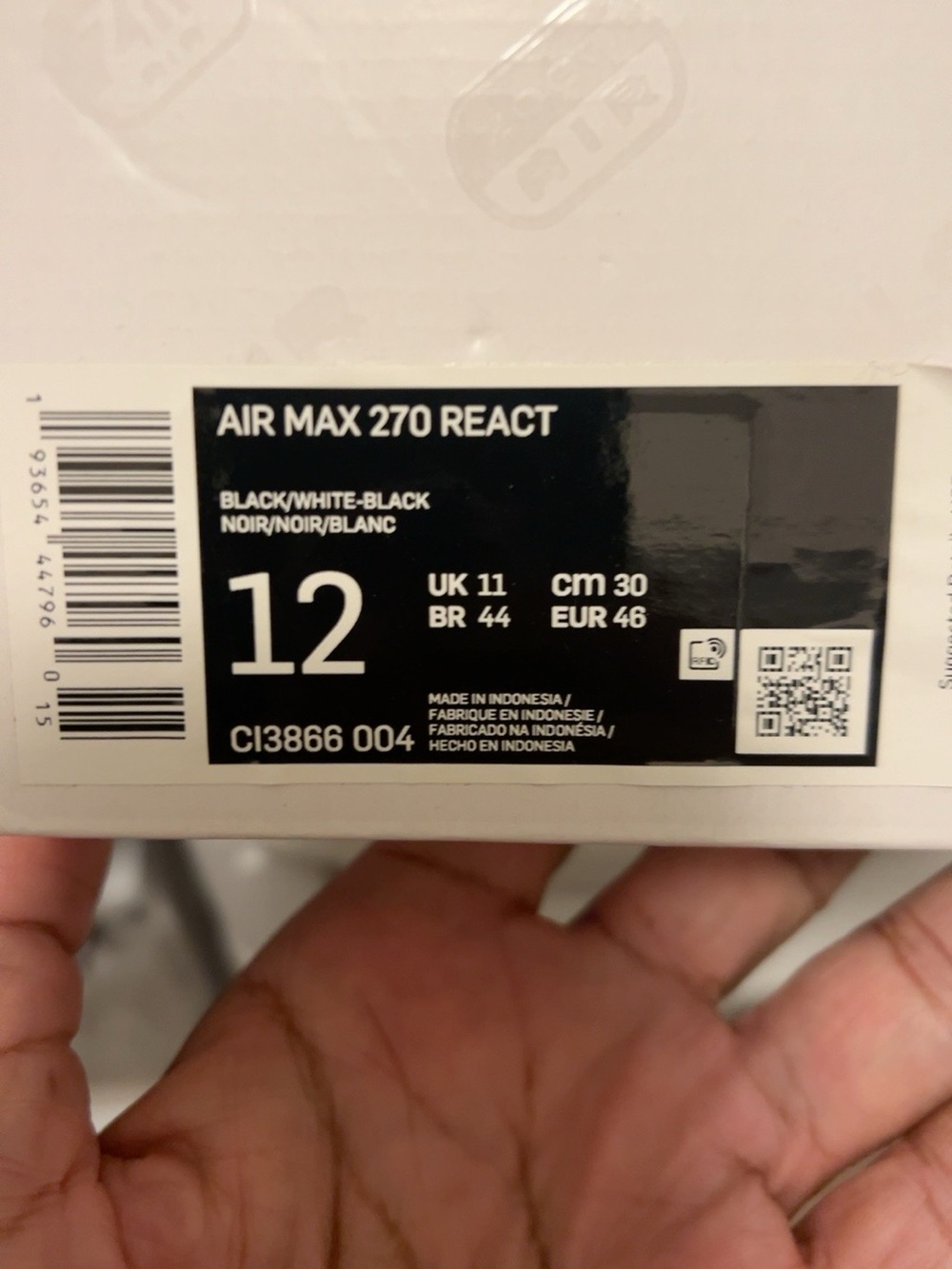 Nike Air Max 270 React Black White Men’s Size 12
